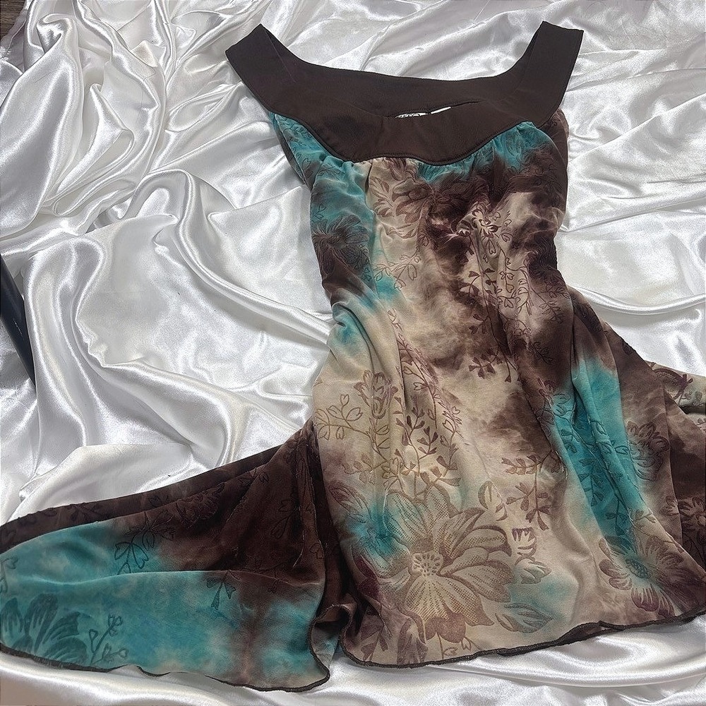 y2k Cato Sleeveless Top Brown Teal Floral Tie Dye Mesh Sharkbite Hem